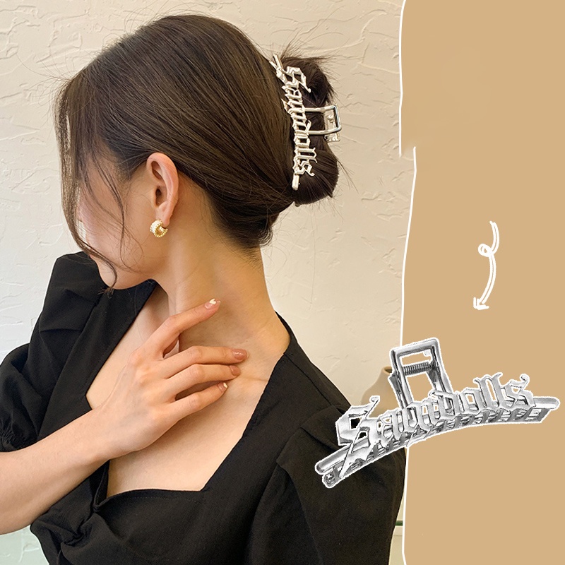 Kẹp tóc móng vuốt màu bạc in chữ độc đáo phong cách Hàn Quốc