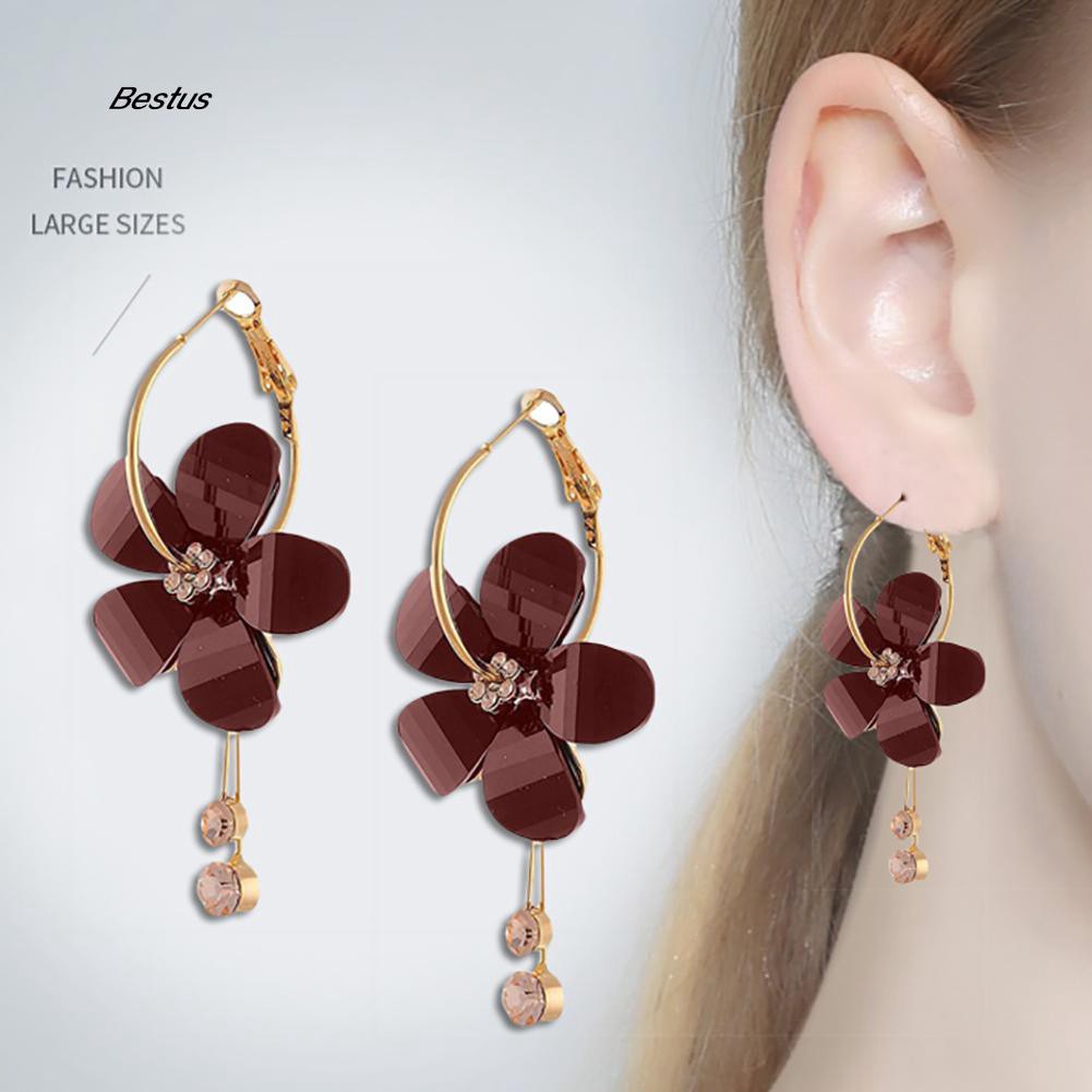 Hoa Tai Dáng Dài Hình Hoa Trà Đính Đá Phối Tua Rua Thời Trang Hàn Quốc Dành Cho Nữ