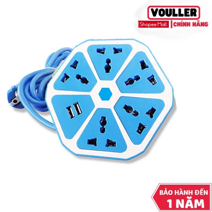 Ổ Điện Vouller Lục Giác Đa Năng - 5 Cổng Cắm (Dài 2M) - Tích Hợp 2 Cổng Sạc Điện Thoại - Ổ Chia Điện An Toàn