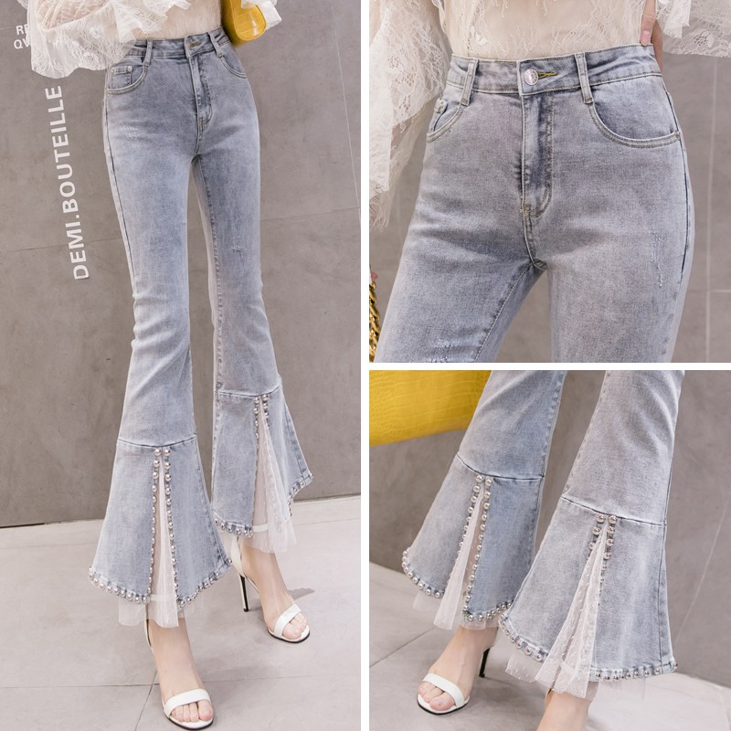 [ORDER TMALL 359] Quần Jeans Bootcut Ống Loe Xẻ Lưới Đính Hạt Sang Trọng