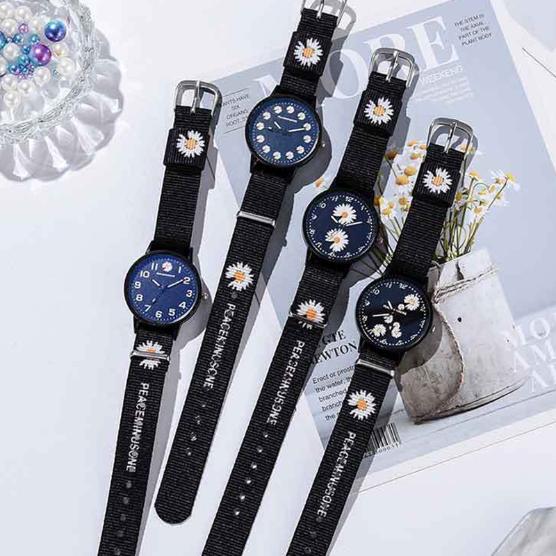 Đồng Hồ Đeo Tay Dây Vải Canvas In Hình Hoa Cúc Thời Trang Cho Nữ Sinh