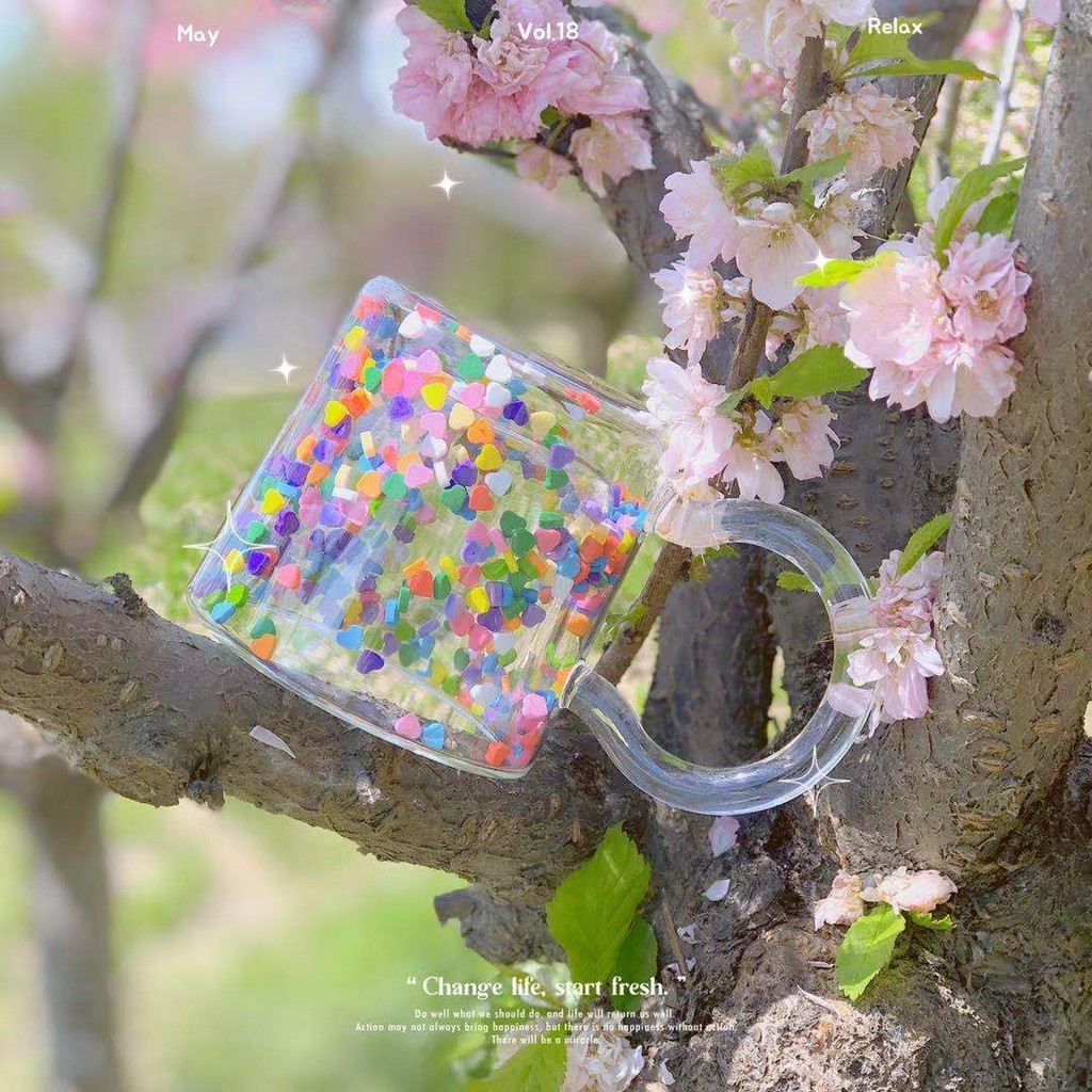 Ly, Cốc Thủy Tinh Hai Lớp Đáy Có Hạt Màu Heart Shaker Sprinkle