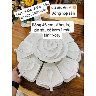 bộ đồ ăn hoa hồng vàng kim ( kèm bàn kính xoay)