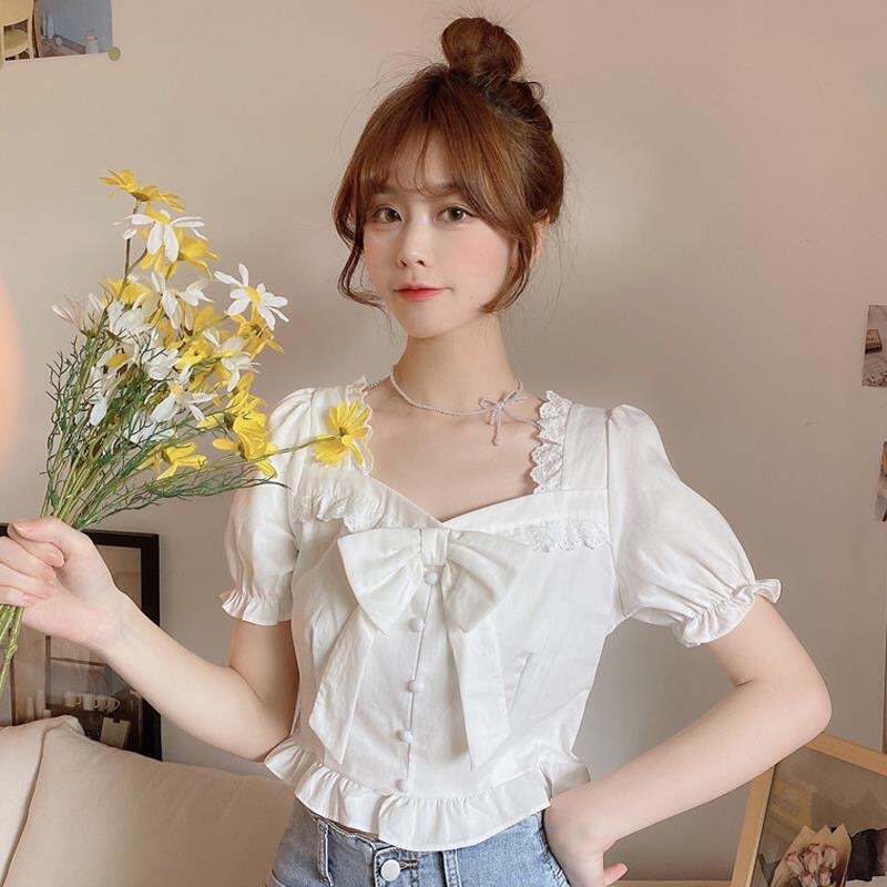 Áo Croptop tay ngắn cổ vuông có nơ phối bèo nhún dễ thương mã QD110