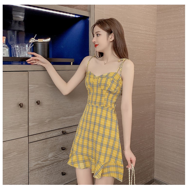 Đầm nữ, váy nữ 2 dây họa tiết caro vàng dễ thương