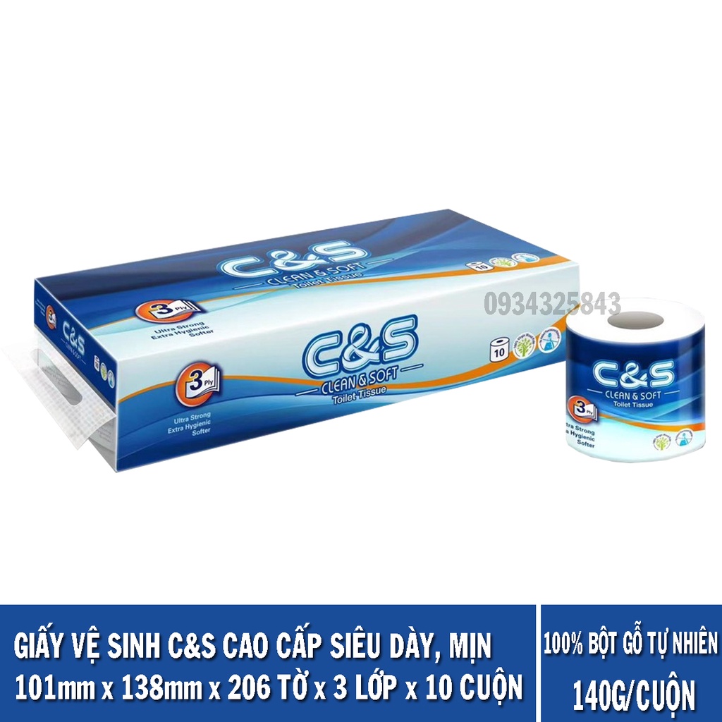 Lốc 10 cuộn giấy vệ sinh có lõi C&amp;S cao cấp - giấy 3 lớp