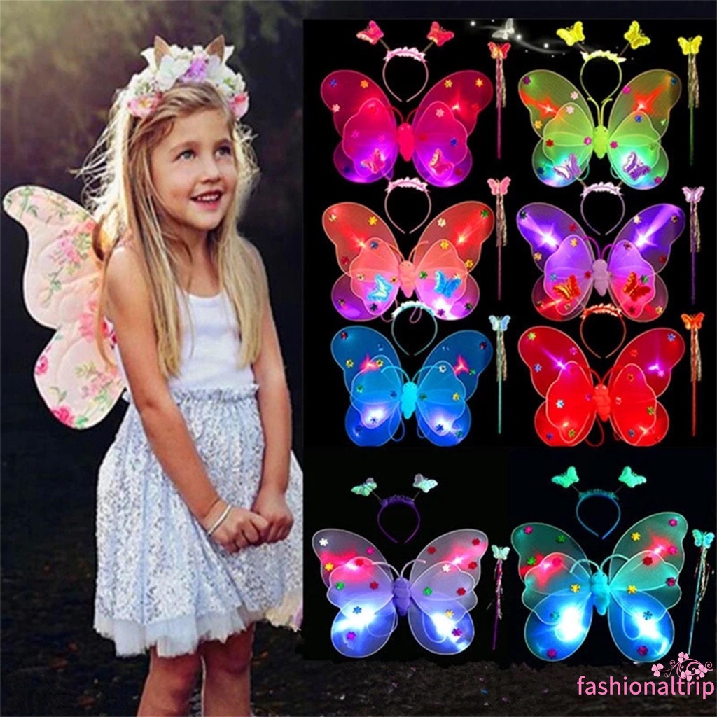 Set Đồ Hóa Trang 3 Món Gồm Cánh Bướm Có Đèn LED Và Đũa Thần Và Băng Đô Cho Bé Gái