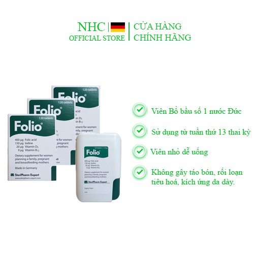 Viên uống bổ sung Acid Folic cho mẹ bầu Folio® - Hộp 120 viên-sử dụng được 4 tháng