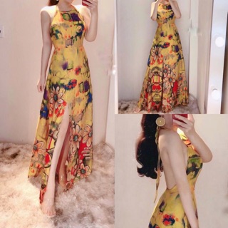 Đầm maxi cổ yếm xẻ tà hở lưng