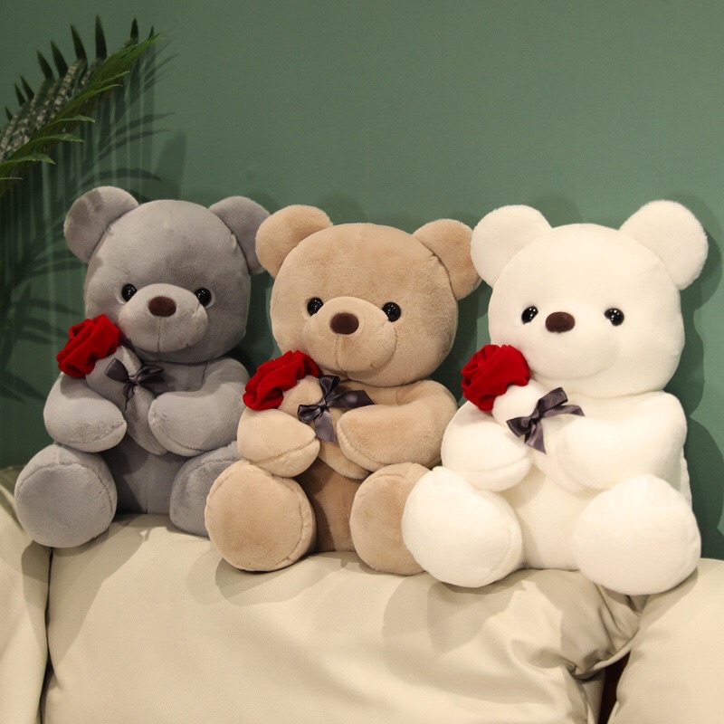 Gấu Bông Teddy Ngồi Ôm Hoa, Teddy Cầm Hoa, Lông siêu mềm mịn mướt. Xưởng sỉ Gấu Bông mua lẻ giá sỉ