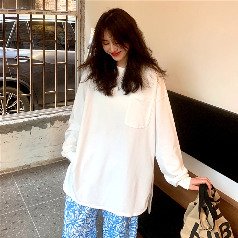 Áo nỉ tay dài cổ tròn dáng rộng màu sắc đơn giản dễ phối đồ