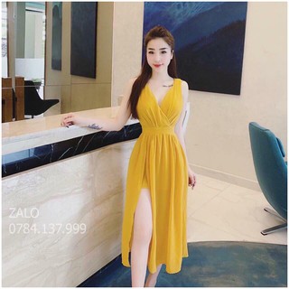 Đầm maxi voan cổ tim xẻ tà sang chảnh + Ảnh thật