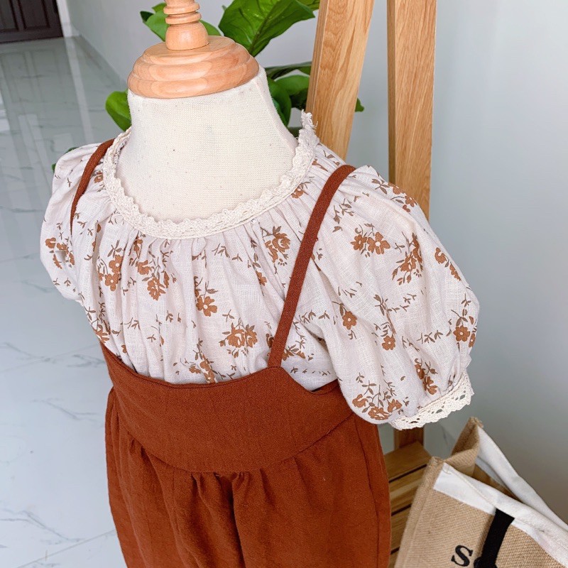 Quần yếm cho bé gái Phuongboutique set bộ đồ linnen hoạ tiết nâu tây cho bé từ 10-20kg