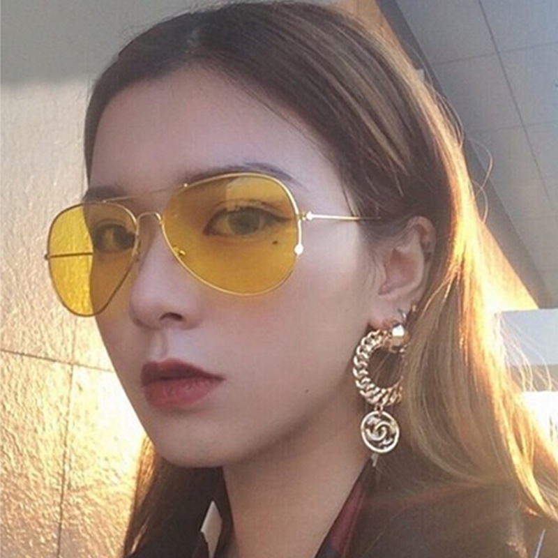 Kính mát gọng kim loại tròng màu vàng phong cách retro thời trang