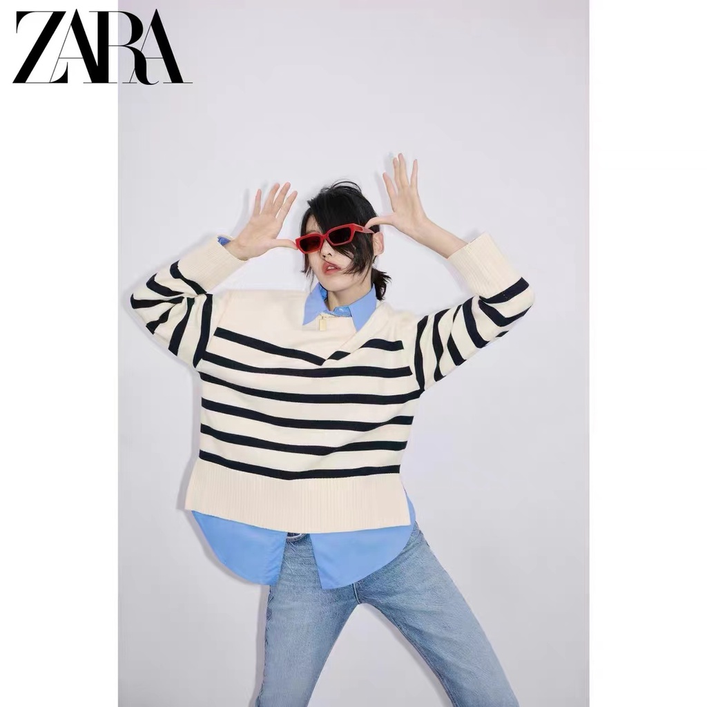 Zara Áo sweater Dệt Kim Kẻ Sọc Thời Trang Mùa Đông Cho Nữ