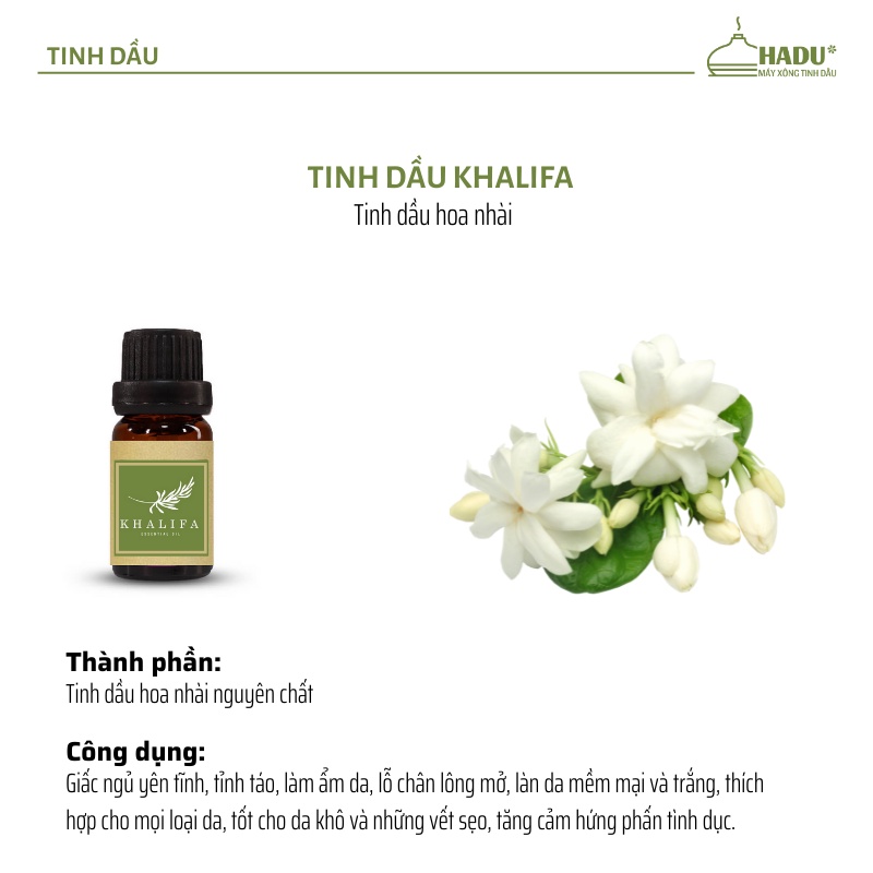 Tinh dầu thơm phòng Hoa Nhài Khalifa, tinh dầu thiên nhiên nguyên chẩt, an thần ngủ ngon, xông phòng, khử mùi lọ 10ml