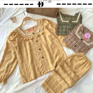 Đồ ngủ nữ pijama kẻ caro tiểu thư chất đũi cổ phối ren bèo cao cấp-D001