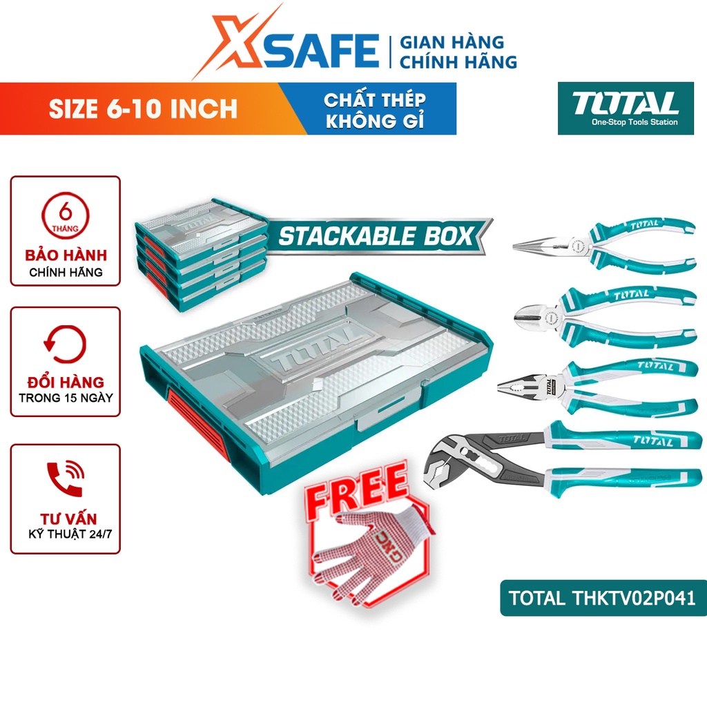 Bộ 4 kìm TOTAL THKTV02P041 gồm 1 kềm răng 8 inch, 1 kềm cắt 7 inch,1 kềm cắt mỏ dài 6 inch, 1 kềm mỏ quạ 10 inch