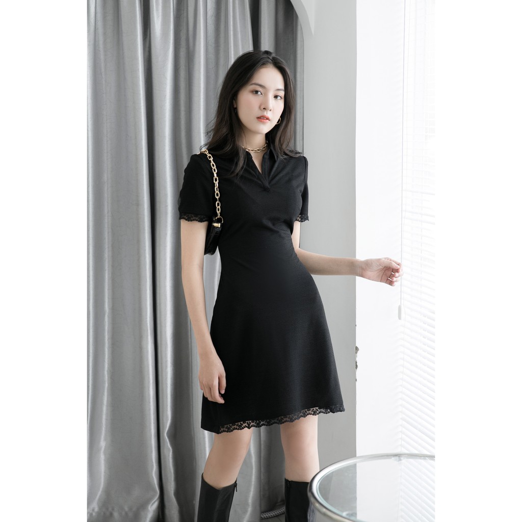 Đầm đen cổ Polo tùng A tay con OVERSIZED viền ren đen [VU10]