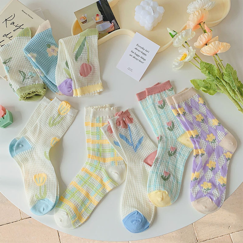 Xixi Tất Ống Lửng In Họa Tiết Hoa Tulip Phong Cách Hàn Quốc Cho Nữ