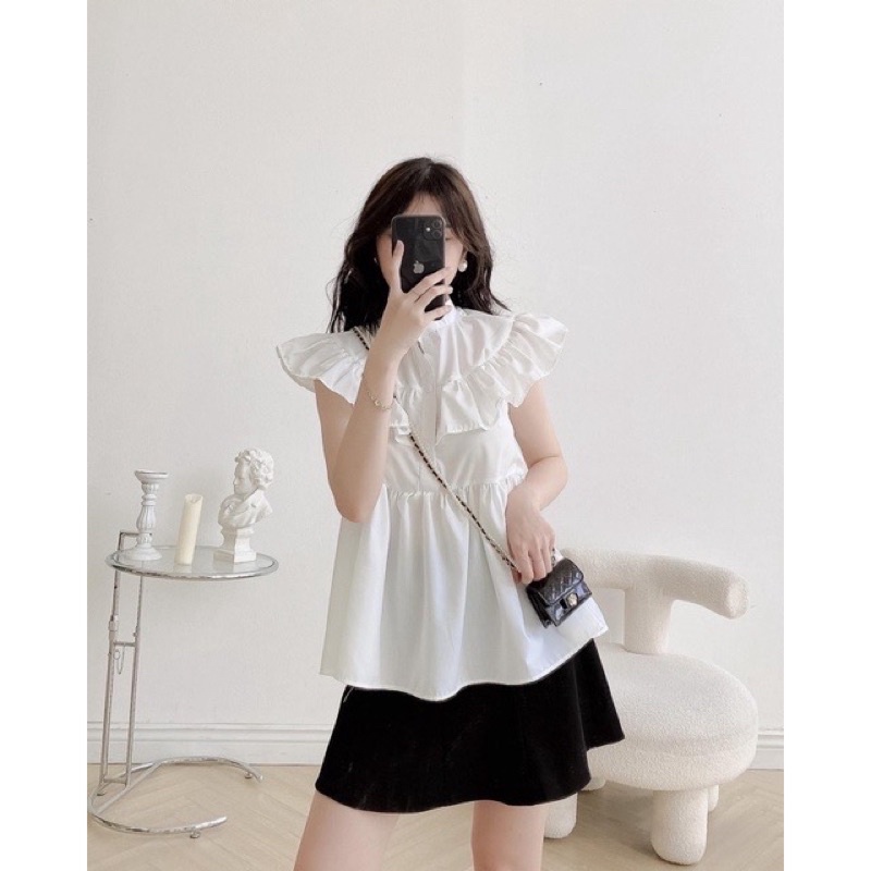 Áo Sơ Mi Bèo Vai Cổ Tàu Sát Nách Ulzzang, Áo Tiểu Thư Màu Trắng Cực Xinh Chan House