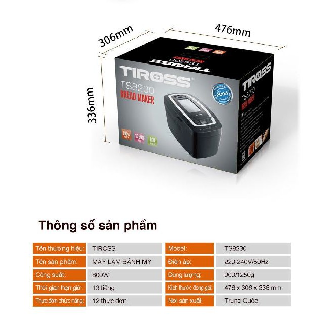 [Mã ELHADEV giảm 4% đơn 300K] Máy làm bánh mỳ Tiross TS8230