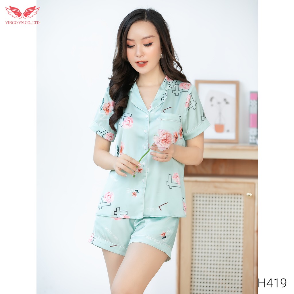 Bộ Đồ Ngủ Pyjama Mặc Nhà VINGO Nữ Lụa Pháp Cao cấp tay Cộc Quần Cộc Họa Tiết Hoa Hồng Chữ Love H419 VNGO - TCQC | WebRaoVat - webraovat.net.vn