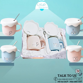 Ly sứ LÁ NẮP ĐĨA cao cấp CÓ NẮP và THÌA, dung tích 400ml, họa tiết BÔNG SEN, cốc sứ quà tặng thông điệp tình cảm ý nghĩa