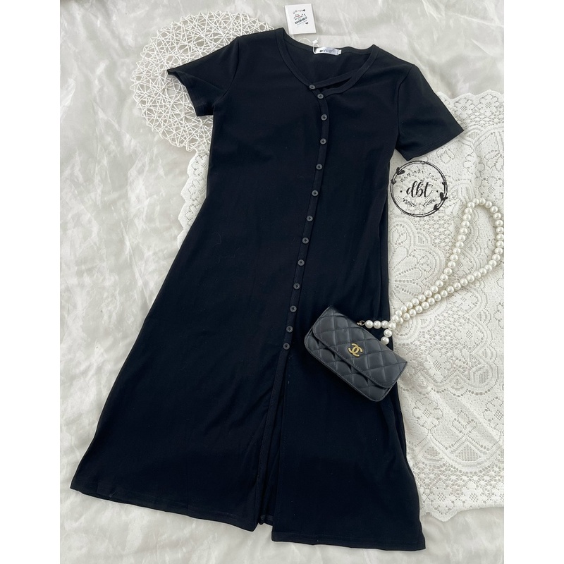 Đầm body bầu cúc giả, xẻ tà chân váy 2 màu