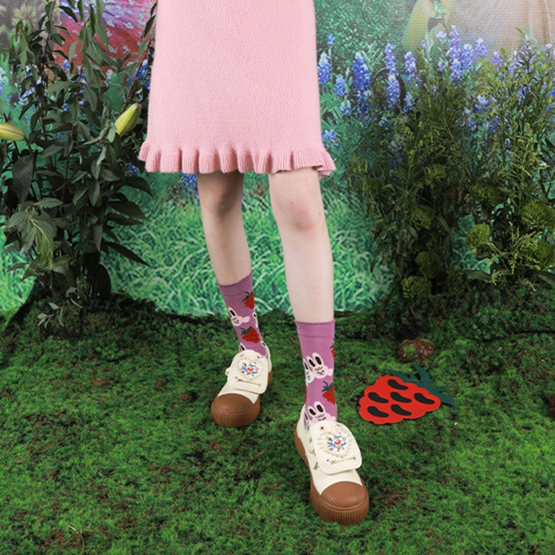 Xiangbao Vớ Cotton Jacquard Họa Tiết Thỏ / Dâu Tây / Gấu Hoạt Hình Dễ Thương Cho Nữ