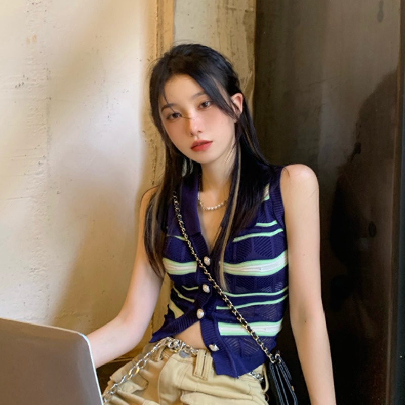 Áo Dệt Kim Sát Nách Cổ Chữ V Thời Trang Xinh Xắn Cho Nữ