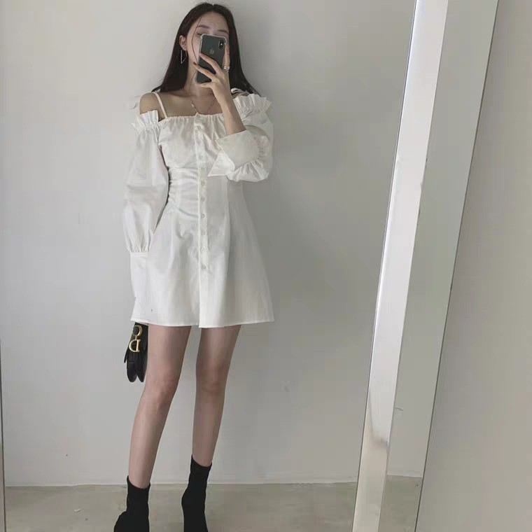 ĐẦM THIẾT KẾ BẸT VAI HÀNG KHUY TAY BỒNG TRẮNG ĐEN - VÁY MAXI THẮT NƠ CÚC CÀI TAY DÀI QUẢNG CHÂU | BigBuy360 - bigbuy360.vn