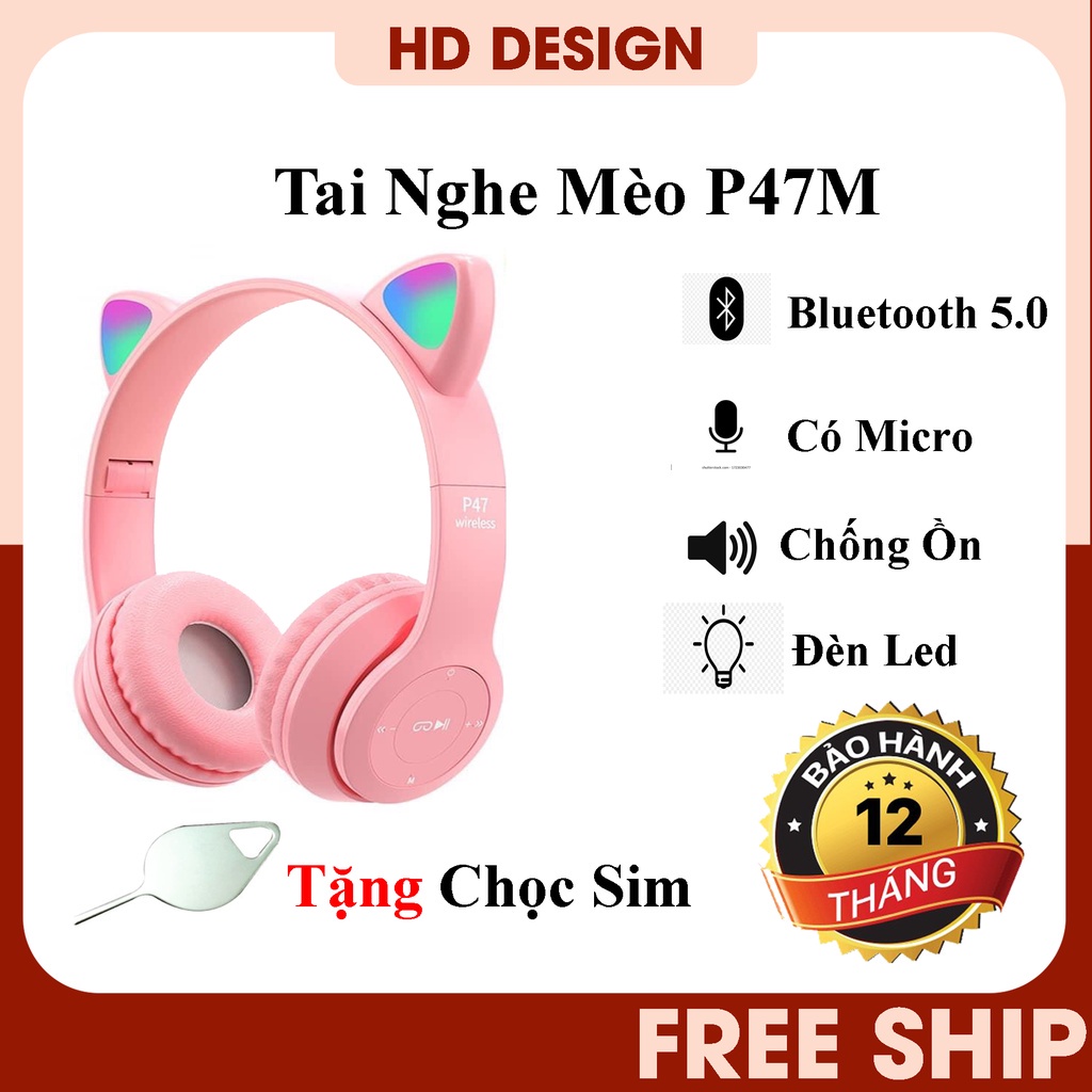 Tai Nghe Bluetooth Không Dây Tai Mèo, Headphone Không Dây Tai Mèo Cute - Có Đèn Led - Chống Ồn - Có Mic. [BH 6 Tháng]