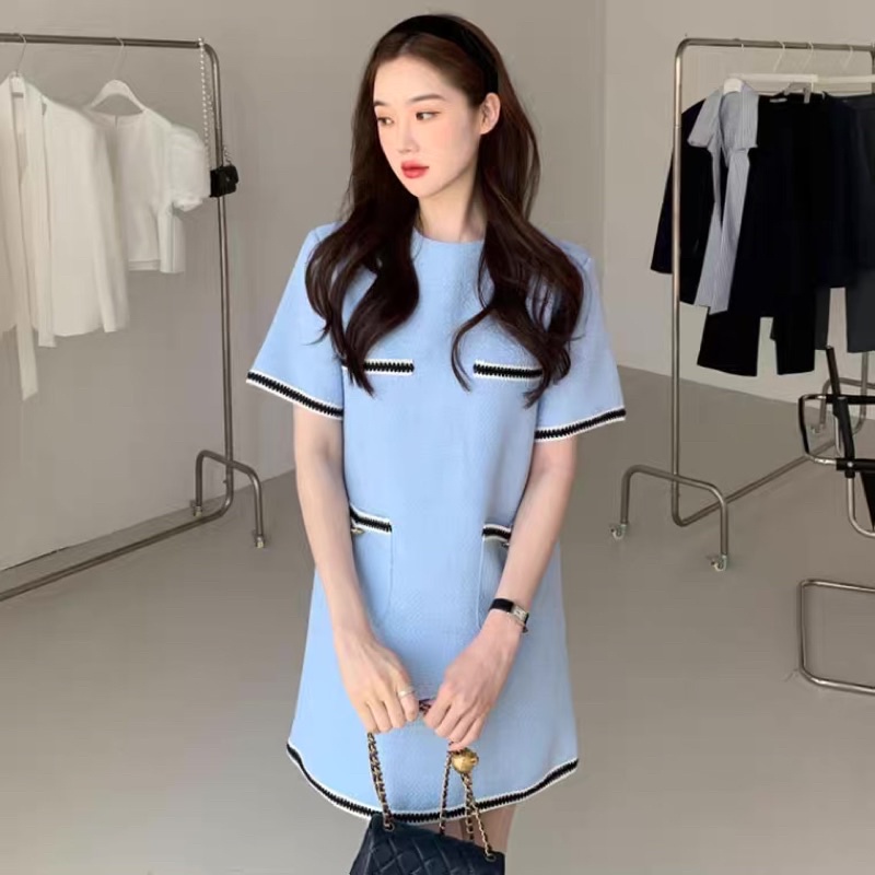 Đầm Dạ Tweed Cổ tròn Tay Ngắn 2 Túi Màu Sắc Trang Nhã