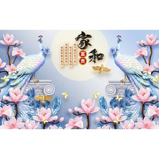 Tranh dán tường  VTC Đôi chim công hoa đào UD0336 kim sa