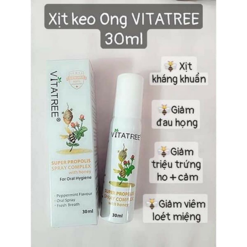 Xịt keo ong Vitatree 30ml Úc ⚡Xả lỗ⚡ Kháng khuẩn-Giảm ho đau rát họng