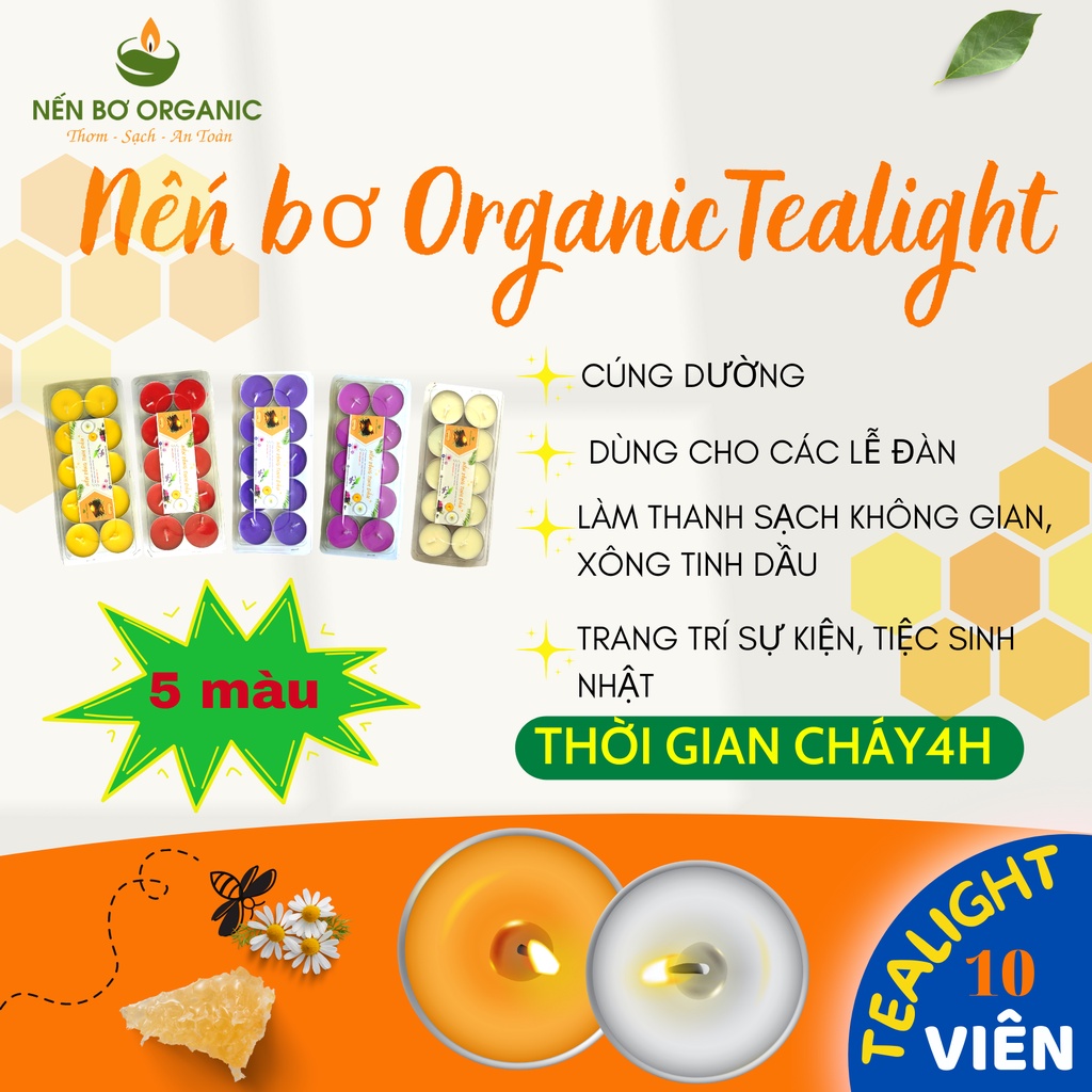 Vỉ 10 viên Nến bơ Organic Tealight 5 màu không khói không mùi cháy hơn 4 tiếng