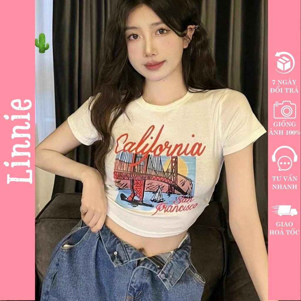 Áo ngắn nữ in họa tiết ngắn tay cực xinh, áo croptop ôm body tôn eo cực xinh, chất vải borip mềm mịn Linnie