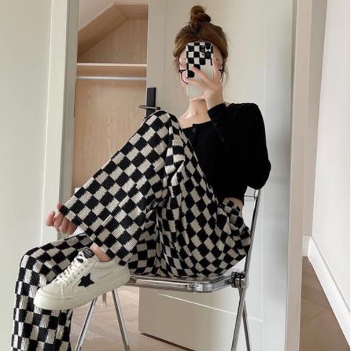 Quần Dài Ống Rộng Lưng Cao Họa Tiết Sọc Caro Trắng Đen Thời Trang Xuân Hè Cho Nữ