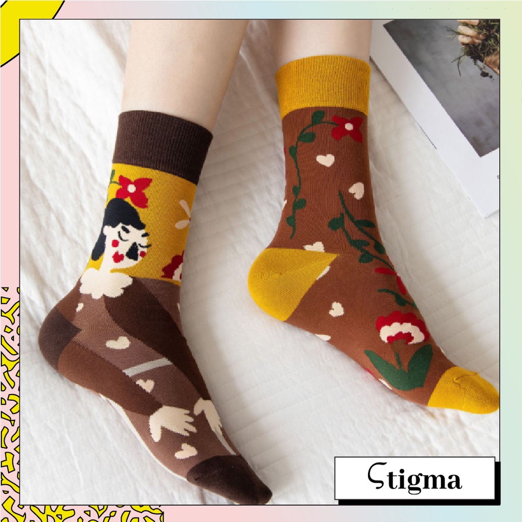 Tất Cao Cổ Lệch Nữ Nam hoạ tiết hình phong cách Vintage vớ độc lạ - stigma