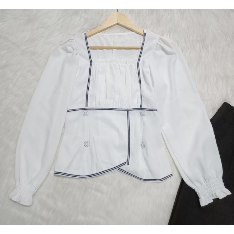 Set bộ tay dài cổ vuông phối viền trắng nút quần ống suông nhỏ bigsize 40-72kg | BigBuy360 - bigbuy360.vn