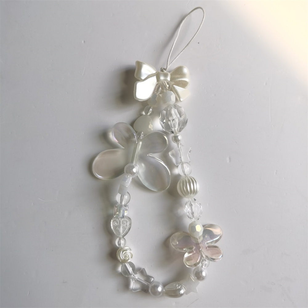 Dây Đeo Điện Thoại Bằng Acrylic Mềm Chống Thất Lạc Hình Bướm Màu Laser Đính Hạt Ngọc Trai Dễ Thương