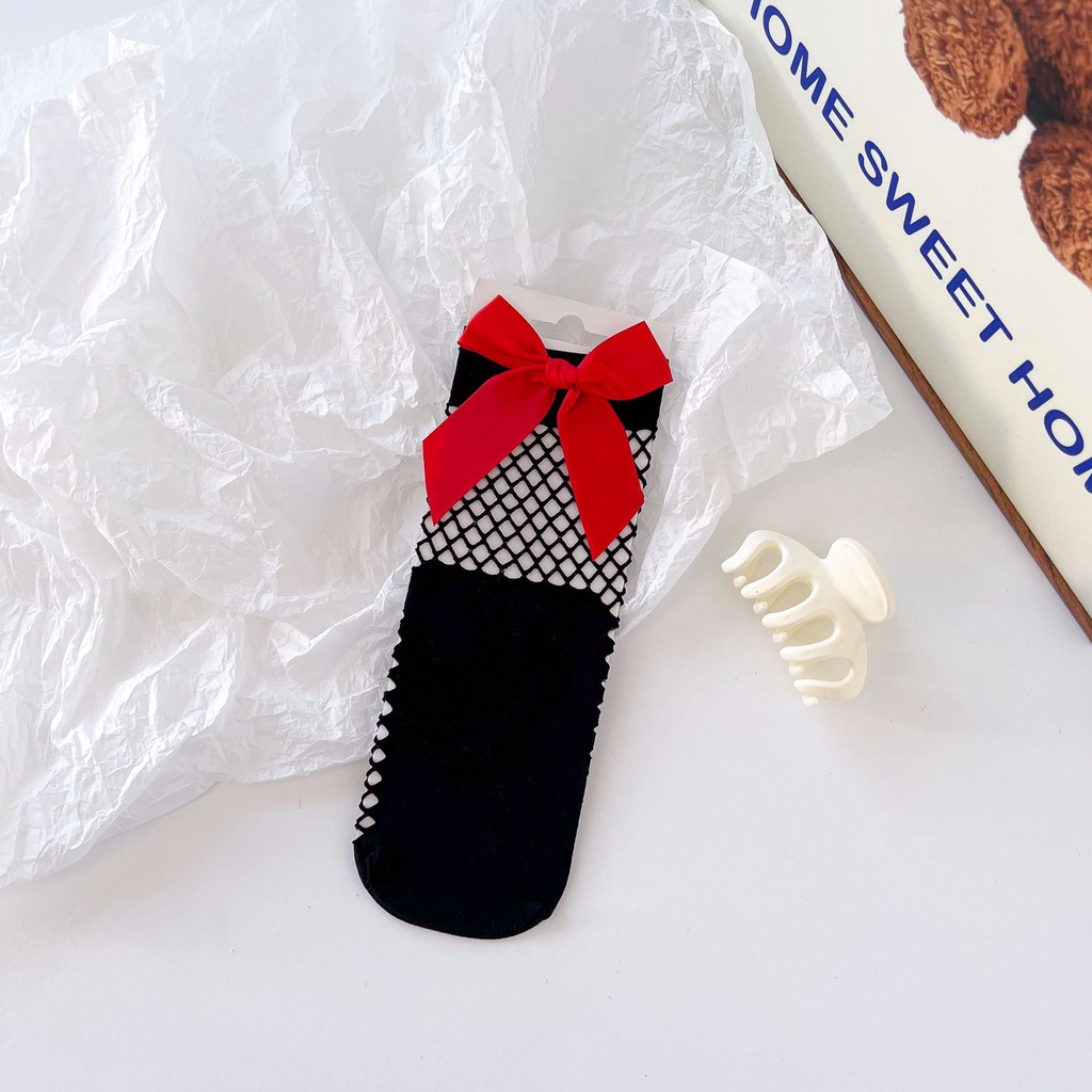 Japanese Lady Lolita Princess Sweet Socks White Bow Fishnet Socks Korean Version Black Lace Fishnet Socks