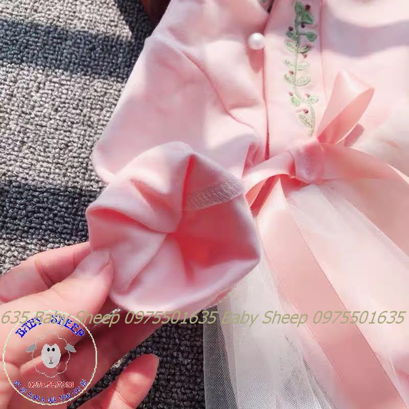 Body váy dài tay phối lưới ren thêu hoa phong cách Trung Hoa cho bé sơ sinh đầy tháng thôi nôi diện Tết