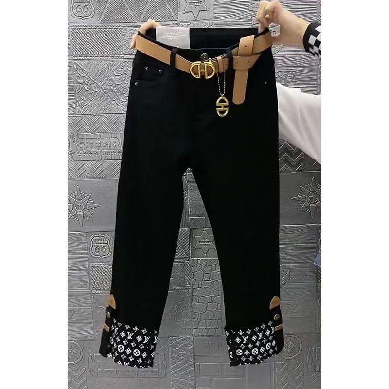 Quần jean ống rộng co giãn lưng cao thêu chân cho phụ nữ vào mùa xuân 2022