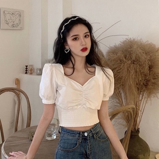 Áo croptop tay bồng eo chun tiểu thư sành điệu - ảnh thật khách mặc