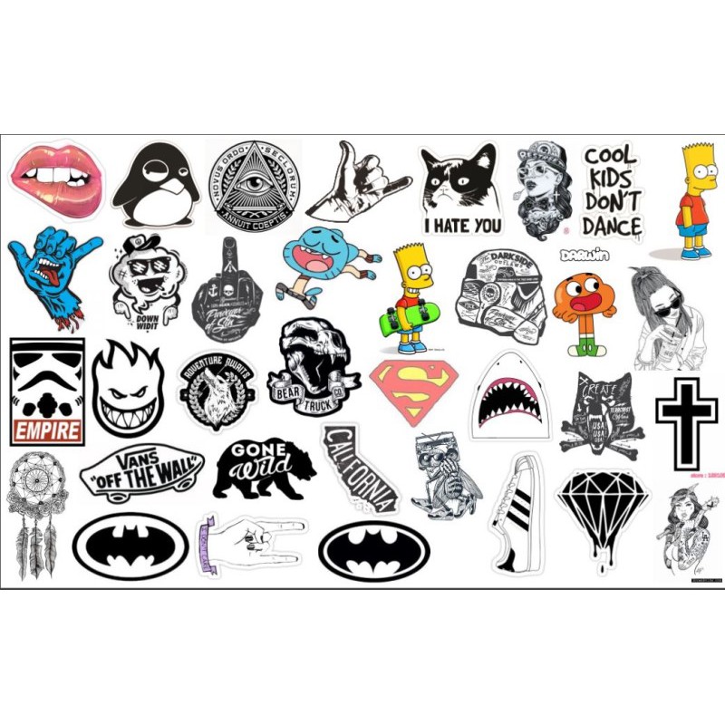 Sticker đen trắng Vali, xe, barber shop, Mũ bảo hiểm , macbook, đàn, tường...