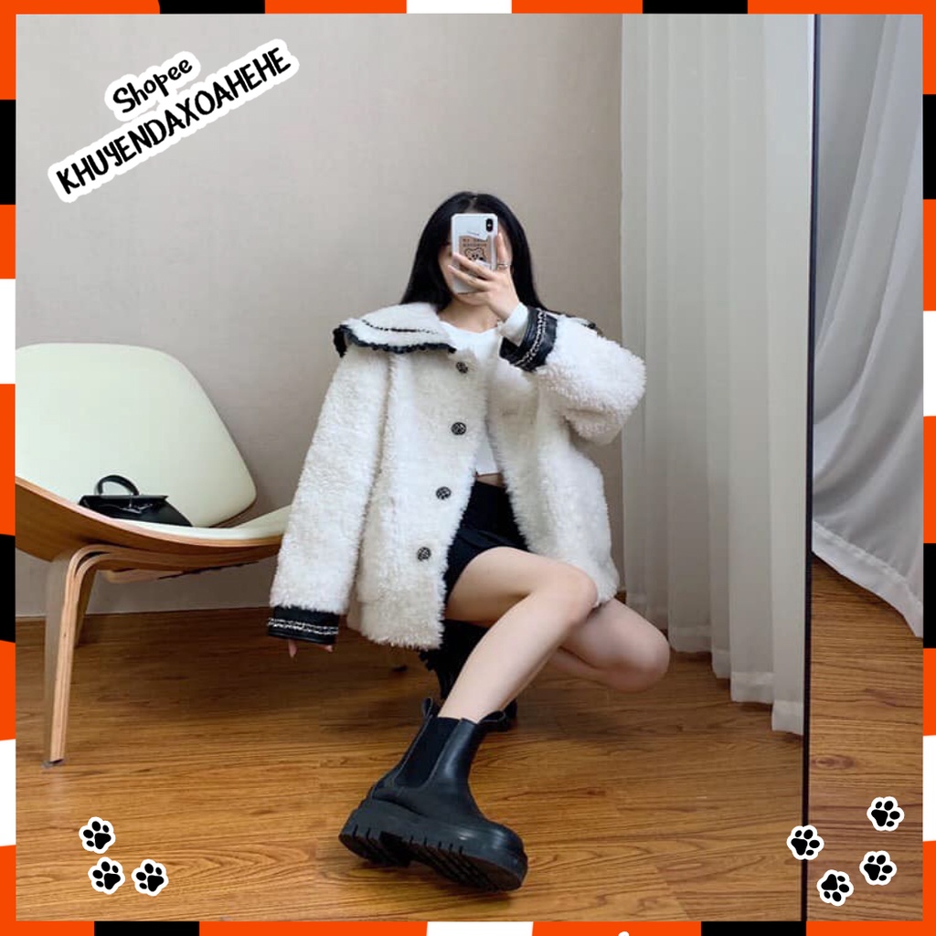 AK008 áo khoác lông cừu trắng cổ thủy thủ dáng babydoll tay bồng điệu, áo lông dáng rộng BBD tiểu thư bánh bèo cute xinh | BigBuy360 - bigbuy360.vn