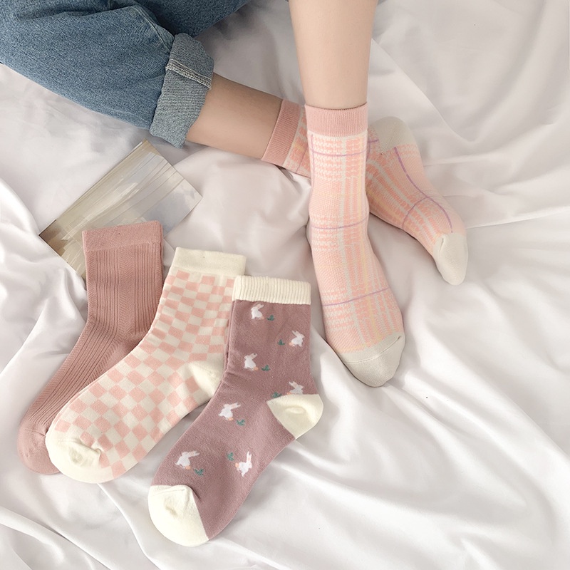 Tất cao cổ họa tiết chú thỏ dễ thương vớ chân dài cá tính tone hồng cực xinh phong cách Hàn Quốc thời trang HANASO TD025