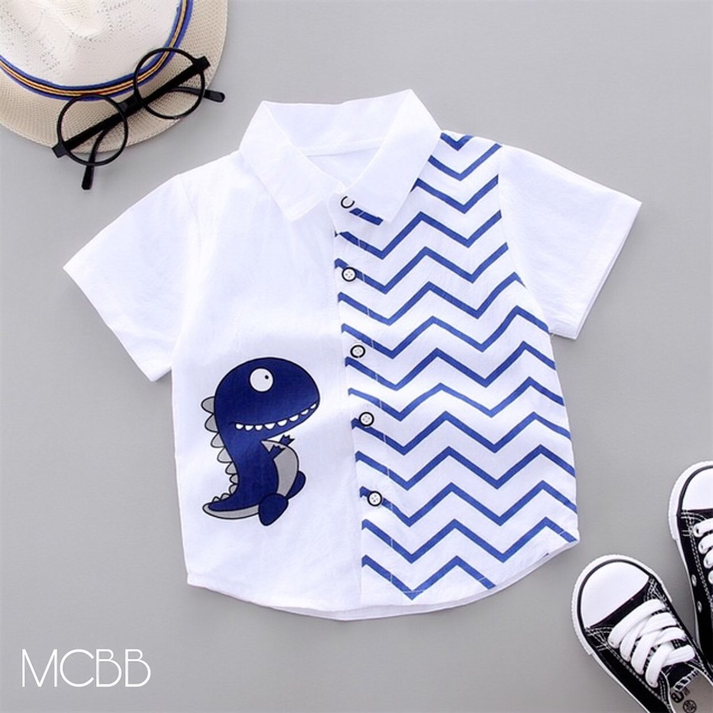 MCBB - 8-24 Kg Vải Cotton Áo Sơ Mi Bé Trai Khủng Long Áo Sơ Mi Tay Ngắn Bé Trai Trắng Cộc Tay Cho Trẻ Em 1 - 16 Tuổi Nam